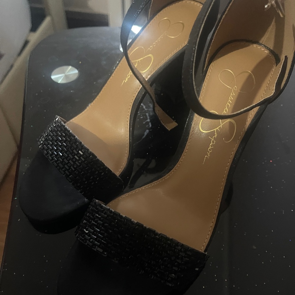 Jessica Simpson Black Heels with Open Toe and Stiletto Design